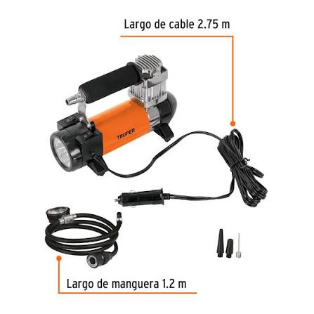 Inflador portátil de TRUPER COD 19999 de 12 V para auto con linterna LED integrada. Clave COMP-12