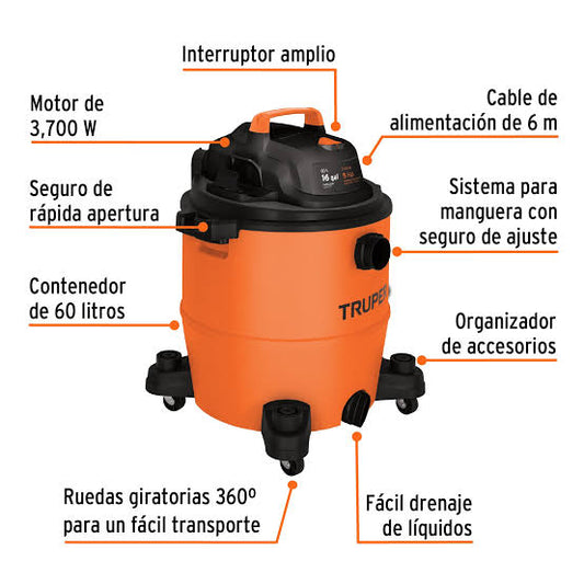 Aspiradora TRUPER COD 101520 sólidos y líquidos de 16 galones (60 L) Clave ASP-16.