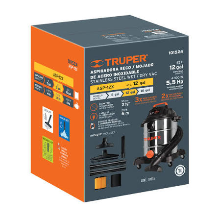 Aspiradora TRUPER COD 101524. de sólidos y líquidos de 12 galones (45 L) Clave ASP-12X
