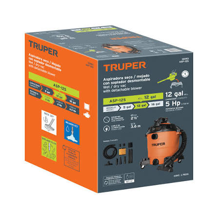 Aspiradora y sopladora Truper. COD 12093 para sólidos y líquidos de la marca Truper. CLAVE ASP-12S