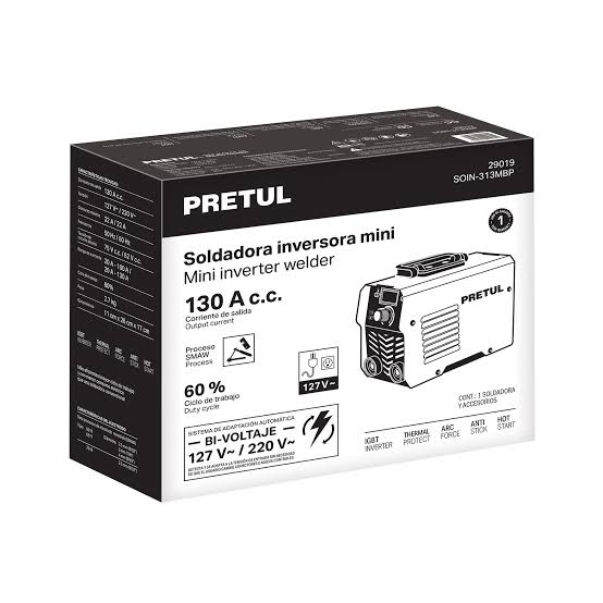 Soldadora Inversora PRETUL 130A 127v CA / 32A CÓDIGO 29019 CLAVE SOIN-313MBP
