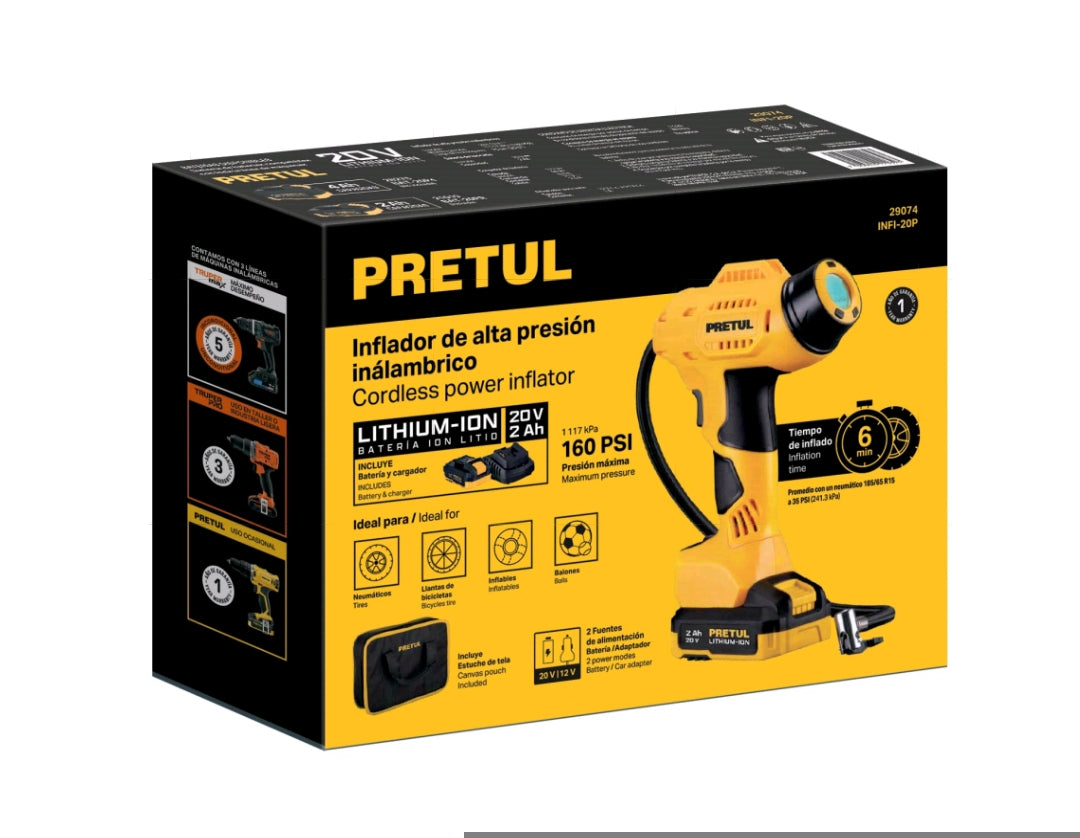 Inflador inalámbrico portátil COD 29074 de 20 V para auto de la marca Pretul. CLAVE INFI-20P