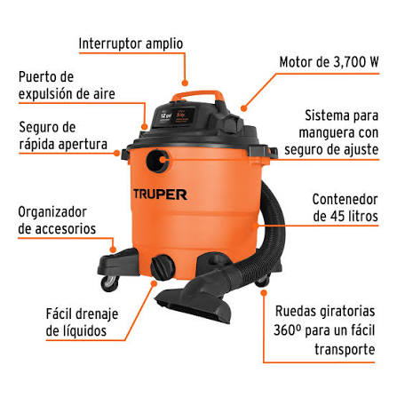 Aspiradora TRUPER COD 101509 sólidos y líquidos de 12 galones (45 L), identificada con la Clave ASP-12.