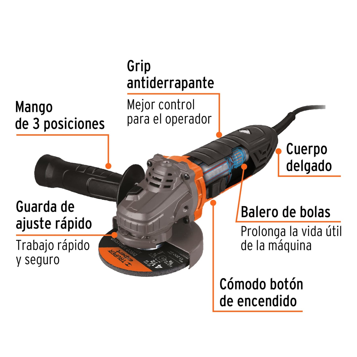 Esmeriladora Truper 13931 angular 4-1/2", 750W, TRUPER ERGO PRO