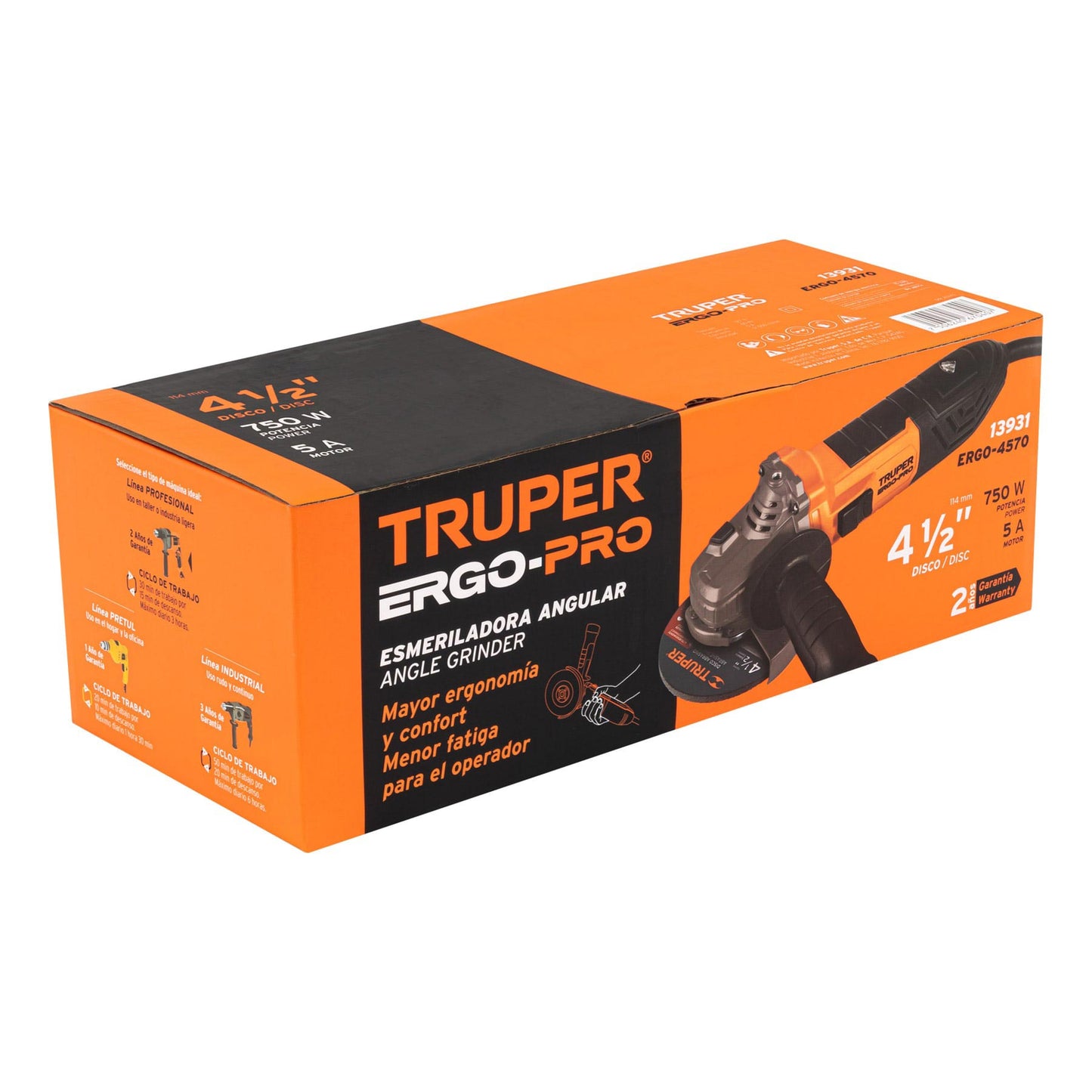 Esmeriladora Truper 13931 angular 4-1/2", 750W, TRUPER ERGO PRO