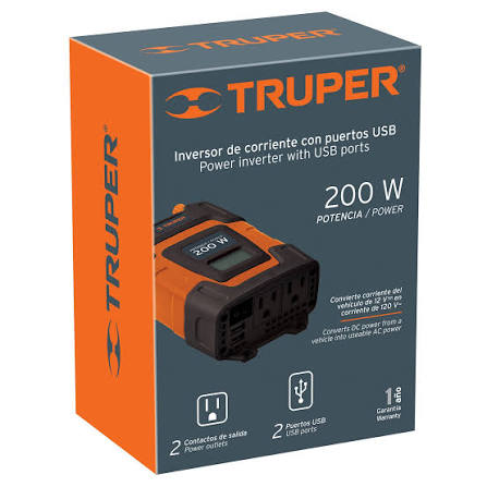 Inversor de corriente TRUPER de 200 W COD 10448 con puertos USB de la marca Truper. CLAVE INCO-200