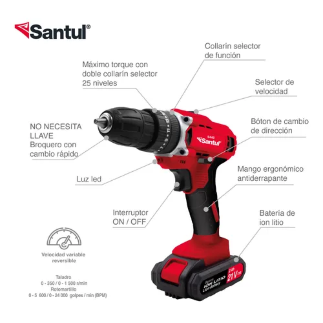 Rotomartillo Inalámbrico SANTUL SKU 9440 Profesional de 3/8" (10 mm) y 21V.
