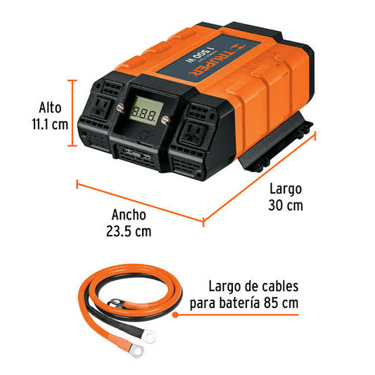 Inversor de corriente TRUPER COD 10492 1,500 W con puertos USB, clave de producto es INCO-1500.
