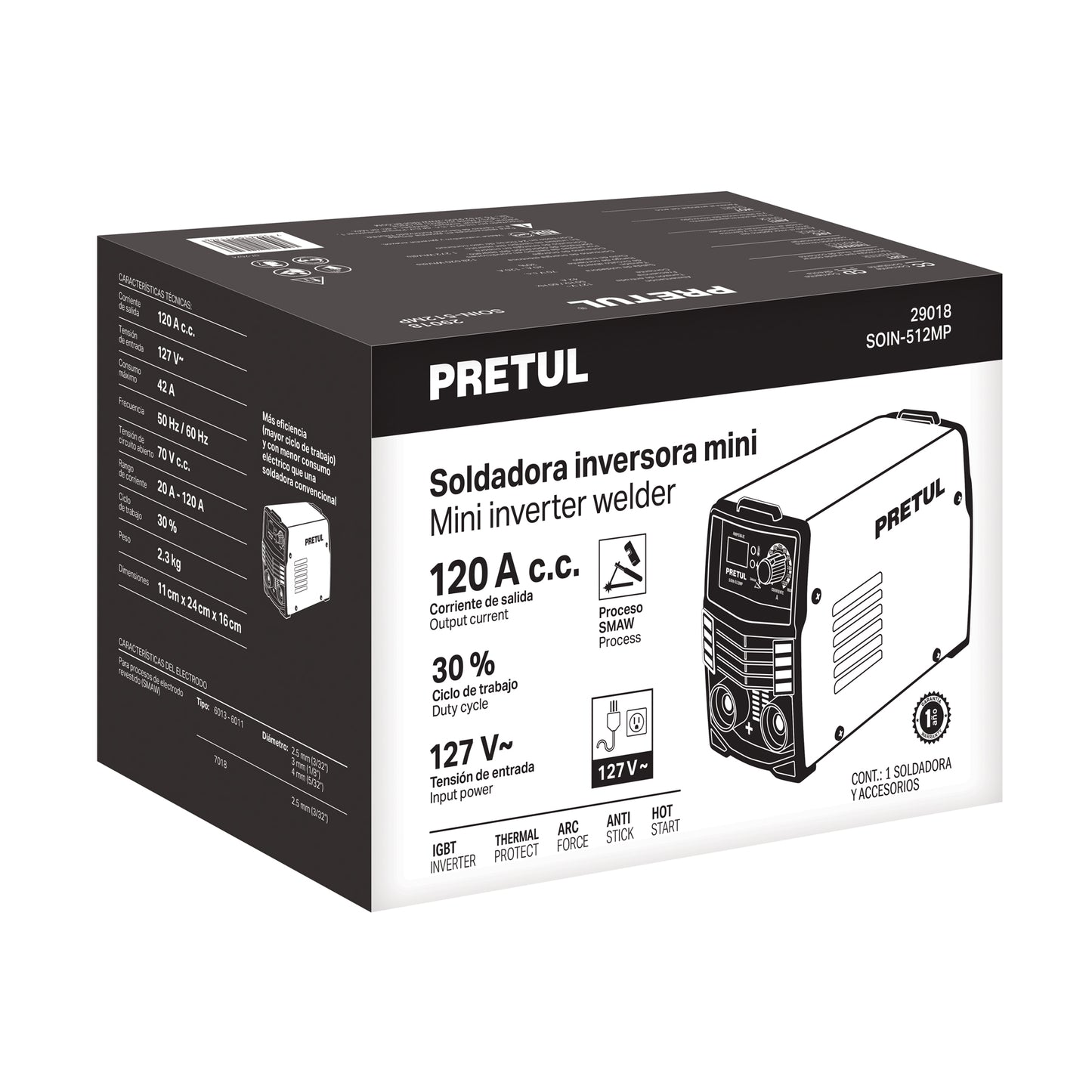 Soldadora Inversora PRETUL 120A 127V 20-120 A Codigo 29018 CLAVE SOIN-512MP