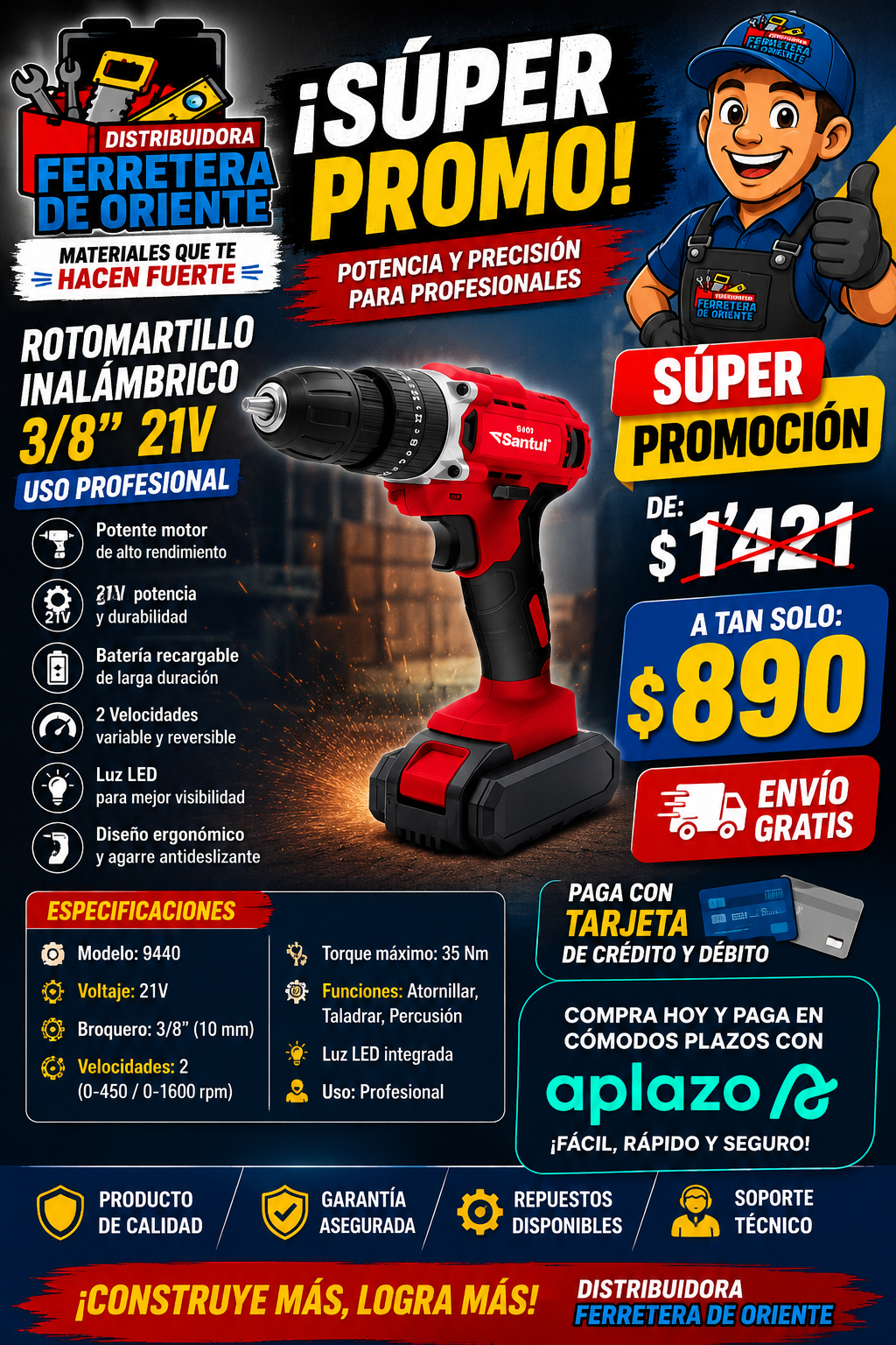 Rotomartillo Inalámbrico SANTUL SKU 9440 Profesional de 3/8" (10 mm) y 21V.