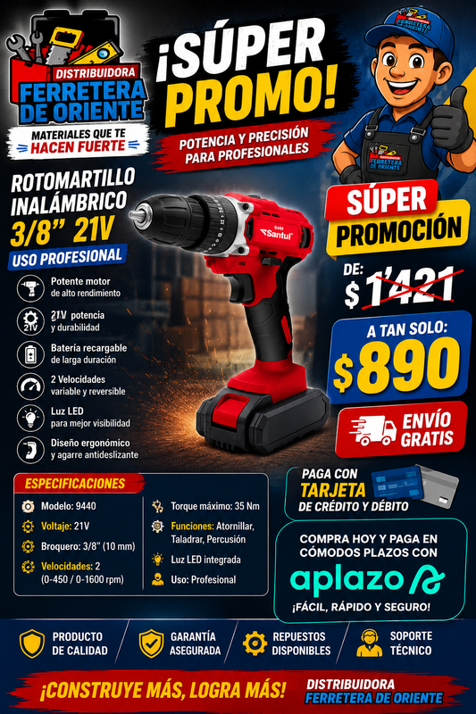 Rotomartillo Inalámbrico SANTUL SKU 9440 Profesional de 3/8" (10 mm) y 21V.