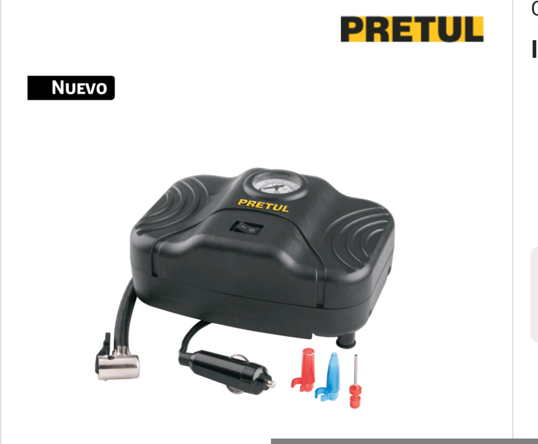 Inflador portátil COD 21689 para auto de 12 V de la marca Pretul         CLAVE COMP-12P