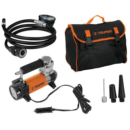 Inflador portátil de TRUPER          COD 19999 de 12 V para auto con linterna LED integrada.                 Clave COMP-12