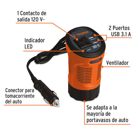 Inversor de corriente Truper 200w Código 10448 con puertos USB. Clave INCO-120
