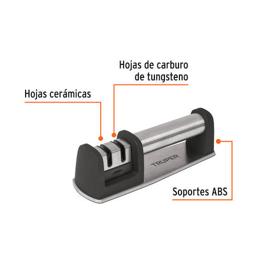 Afilador de cuchillos TRUPER. Codigo 15147 con cuerpo de acero inoxidable.                                 CLAVE  AFI-CUX.
