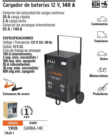 Cargador de baterias Truper 13028 (Clave: CARBA-140
