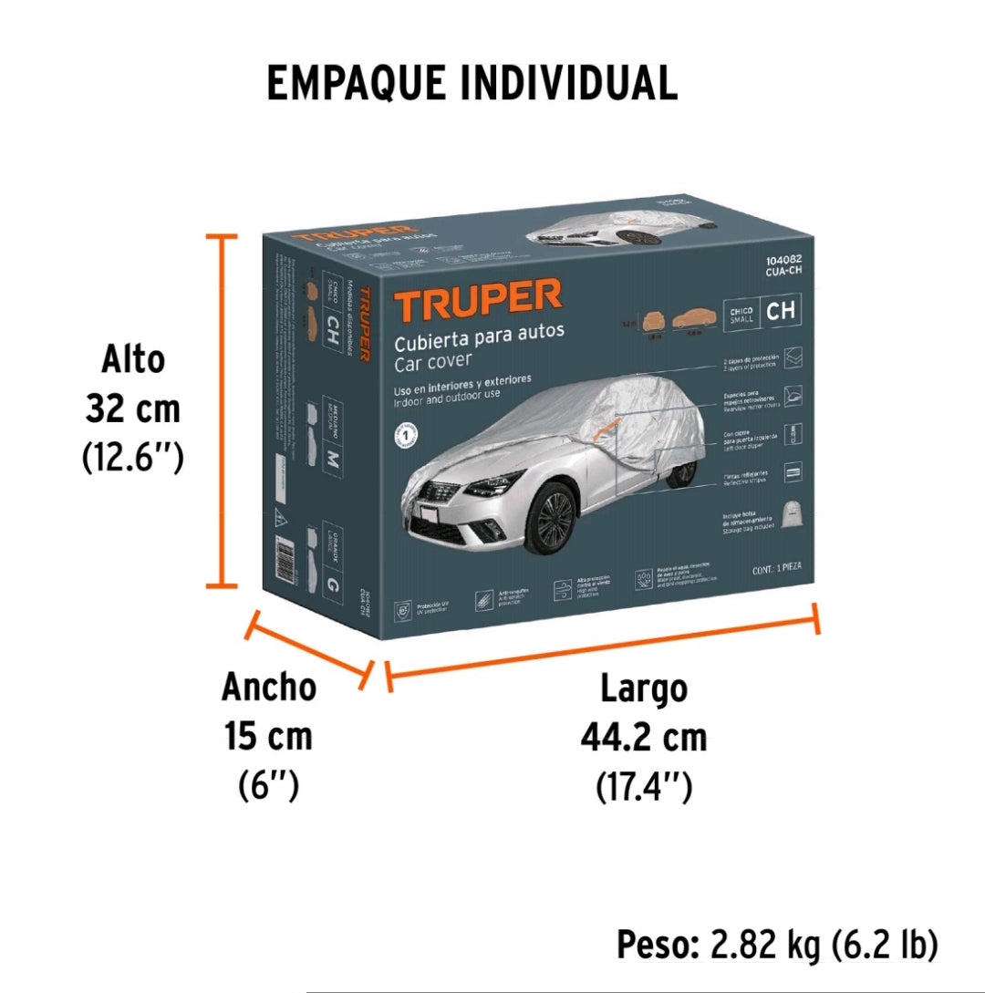 cubierta para autos chicos TRUPER Codigo 104082 (tamaño compacto). Clave CUA-CH