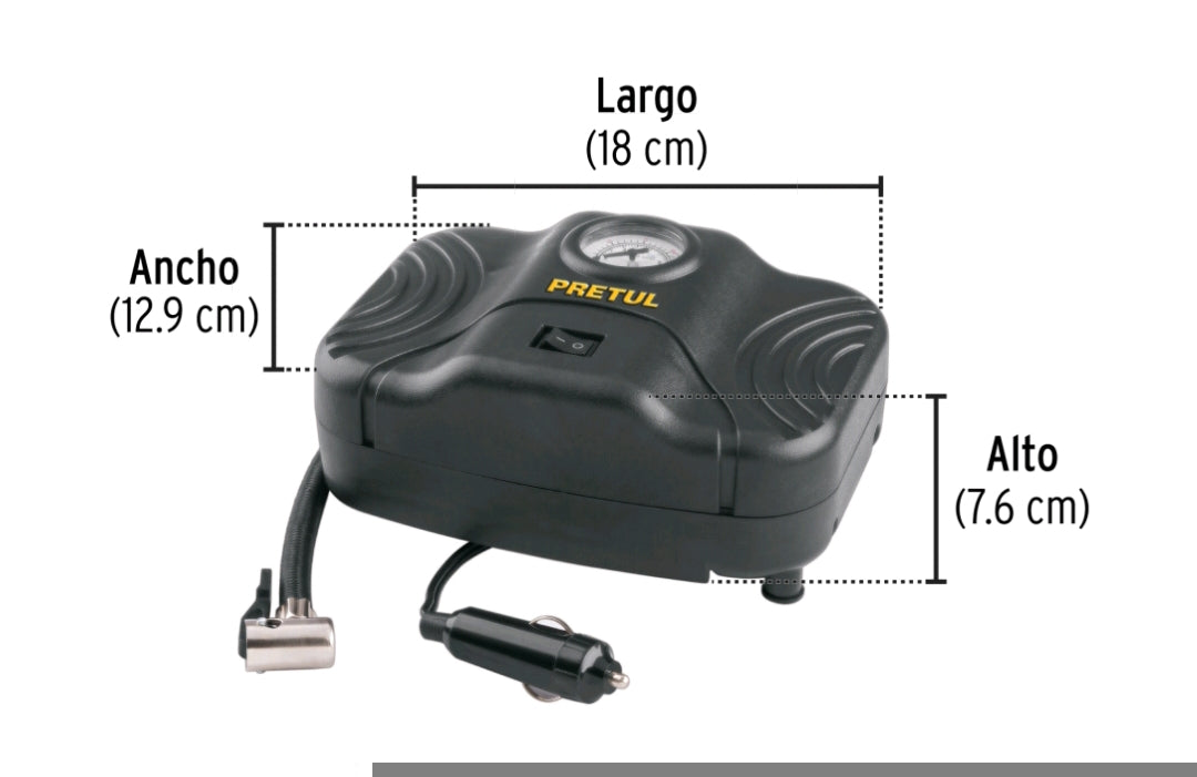 Inflador portátil COD 21689 para auto de 12 V de la marca Pretul         CLAVE COMP-12P