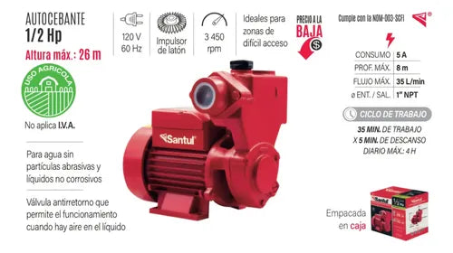 Bomba de agua periférica autocebante Santul de 1/2 HP SKU 8357