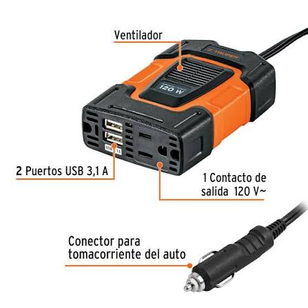 Inversor de corriente TRUPER COD 10447 de 120 W diseñado para uso automotriz. CLAVE INCO-100