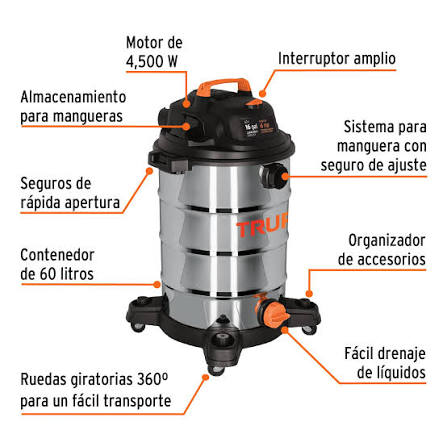 Aspiradora TRUPER COD 101525     de sólidos y líquidos de 16 galones (60 L) Clave ASP-16X
