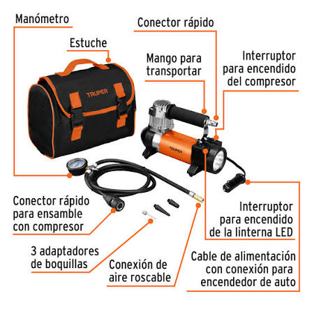 Inflador portátil de TRUPER          COD 19999 de 12 V para auto con linterna LED integrada.                 Clave COMP-12