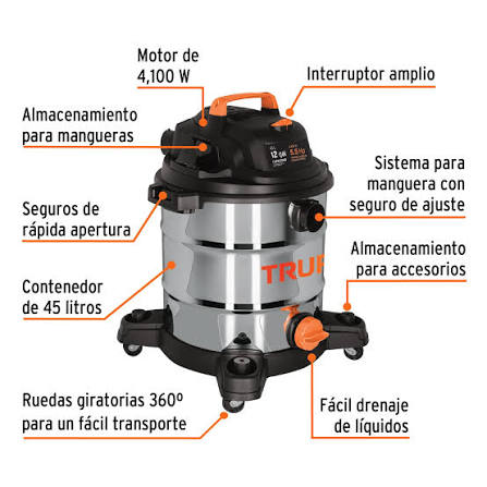 Aspiradora TRUPER COD 101524.   de sólidos y líquidos de 12 galones (45 L) Clave ASP-12X
