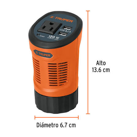 Inversor de corriente Truper 200w Código 10448 con puertos USB. Clave INCO-120