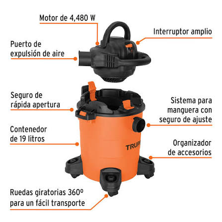 Aspiradora y sopladora Truper.   COD 101521 para sólidos y líquidos con capacidad de 5 galones           (19 litros). CLAVE ASP-5S