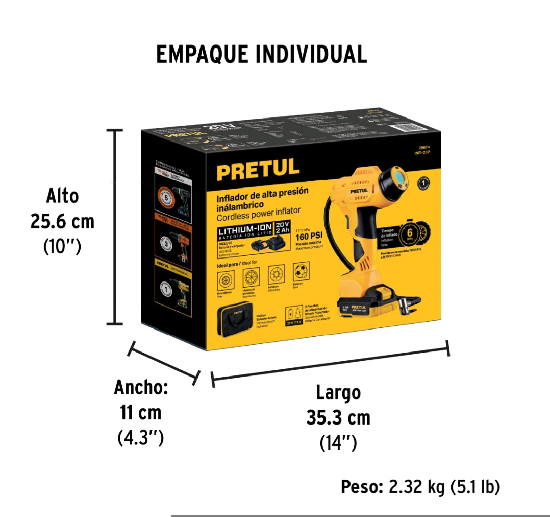 Inflador inalámbrico portátil         COD 29074 de 20 V para auto de la marca Pretul. CLAVE INFI-20P
