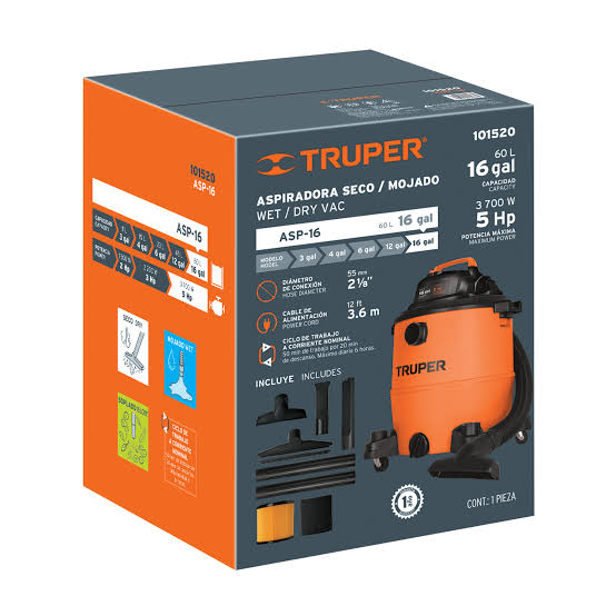 Aspiradora TRUPER COD 101520 sólidos y líquidos de 16 galones    (60 L)              Clave ASP-16.