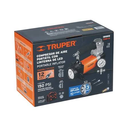 Inflador portátil de TRUPER          COD 19999 de 12 V para auto con linterna LED integrada.                 Clave COMP-12