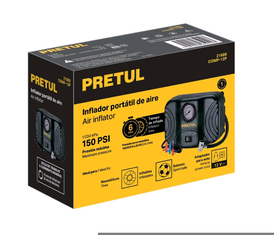 Inflador portátil COD 21689 para auto de 12 V de la marca Pretul         CLAVE COMP-12P