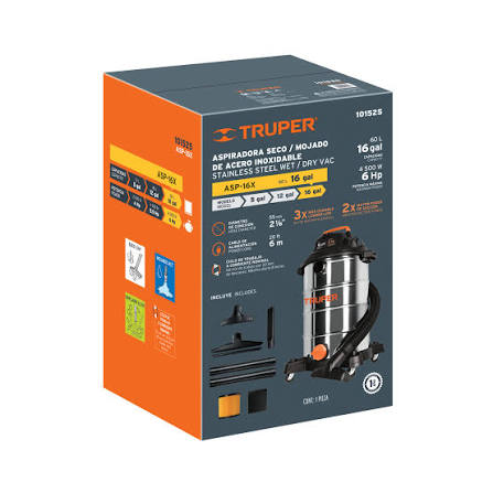 Aspiradora TRUPER COD 101525     de sólidos y líquidos de 16 galones (60 L) Clave ASP-16X
