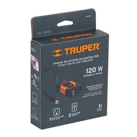 Inversor de corriente TRUPER COD 10447 de 120 W diseñado para uso automotriz. CLAVE INCO-100