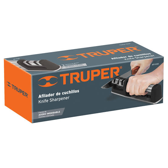 Afilador de cuchillos TRUPER. Codigo 15147 con cuerpo de acero inoxidable.                                 CLAVE  AFI-CUX.