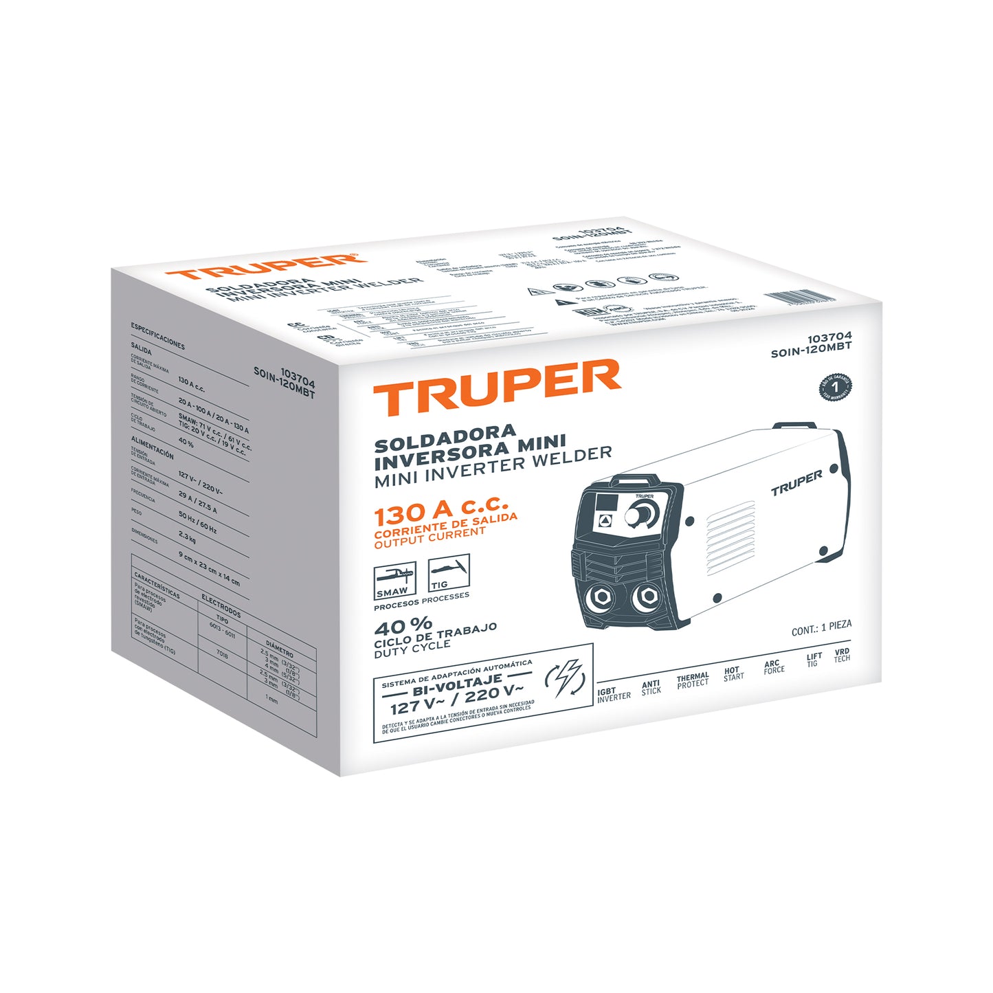 Soldadora inversora 130A, bi-voltaje 127/220V, TRUPER asociados al código 103704.   Clave : SOIN-120MBT